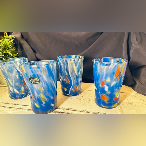 Murano Blue and Orange Glass Tumblers mouth-blown Italy 4 Set new